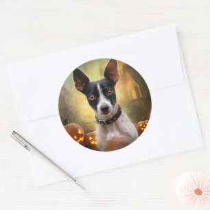 Halloween Rat Terrier With Pumpkins Scary Classic Round Sticker