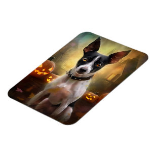 Halloween Rat Terrier With Pumpkins Scary Magnet