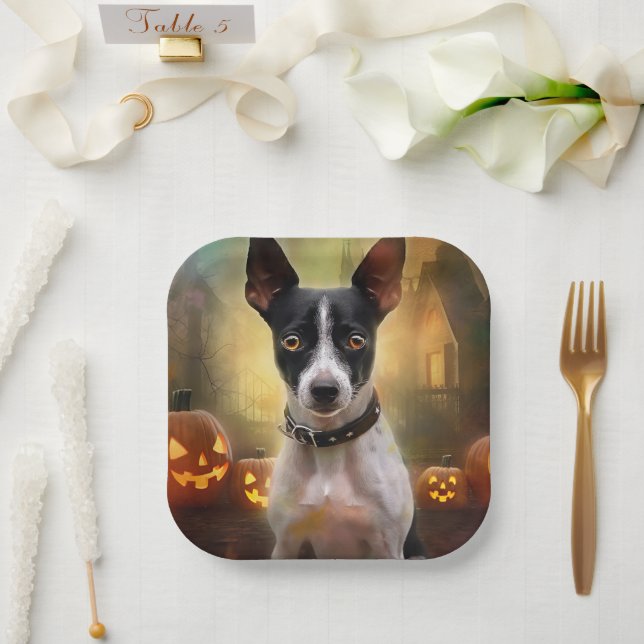Halloween Rat Terrier With Pumpkins Scary Paper Plate (Wedding)
