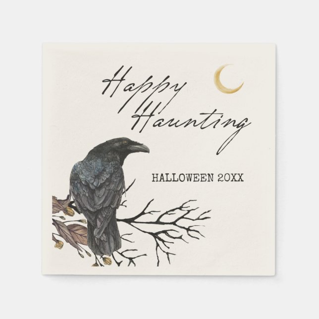 Halloween Raven Happy Haunting Paper Napkin (Front)
