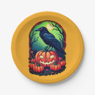 Halloween Raven in a Pumpkin Patch Paper Plate