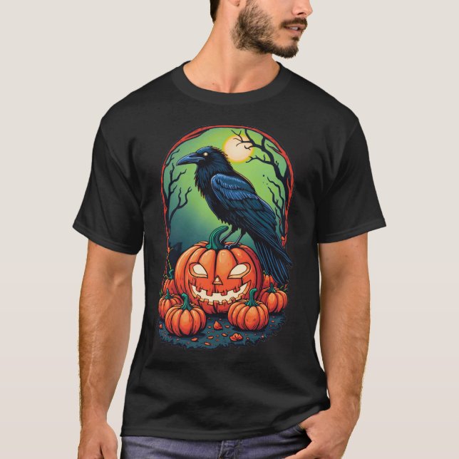 Halloween Raven in a Pumpkin Patch T-Shirt (Front)