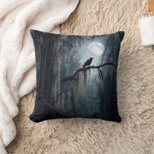 Halloween Raven in a Spooky Forest Cushion