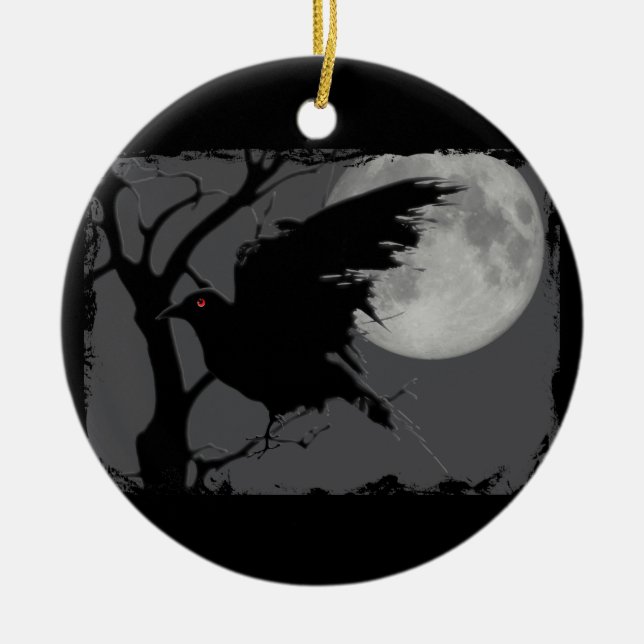 Halloween Raven in Branch with Full Moon Ceramic Tree Decoration (Front)
