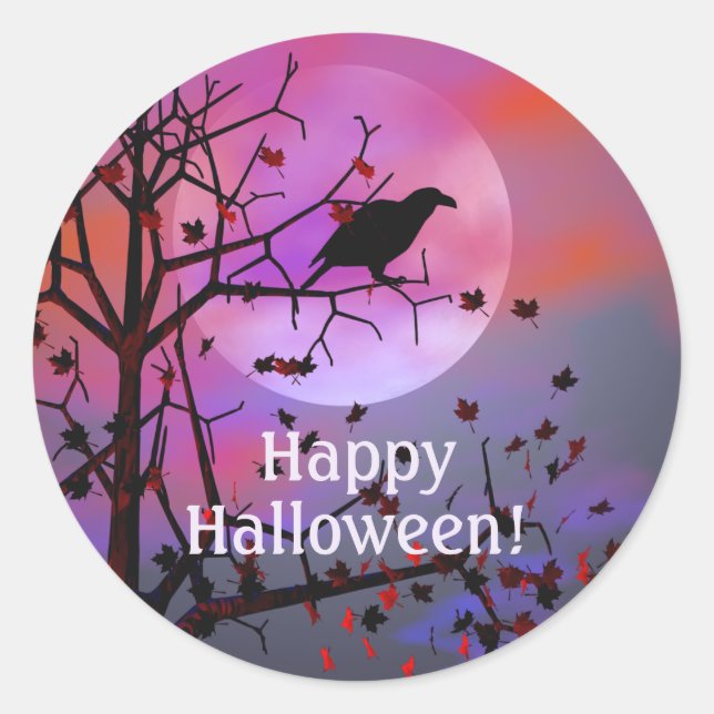Halloween Raven Night Classic Round Sticker (Front)