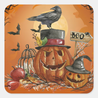 Halloween Raven Pumpkin Party Square Sticker