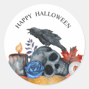Halloween raven skull eyeball watercolour  classic round sticker