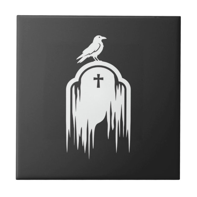Halloween Raven Tombstone Silhouette Design Tile (Front)