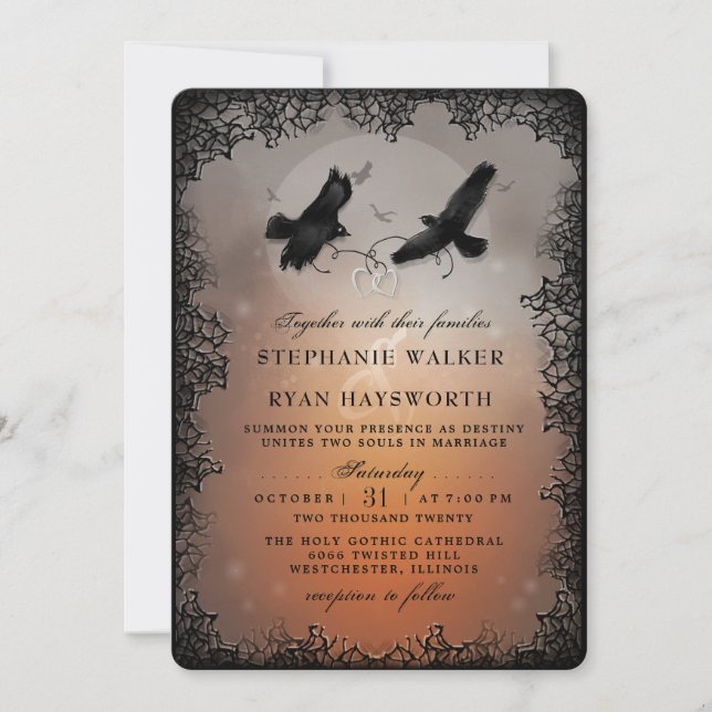 Halloween Ravens and Hearts Evermore Wedding Invitation (Front)