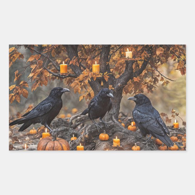 Halloween Ravens Pumpkins and Candles Rectangular Sticker (Front)