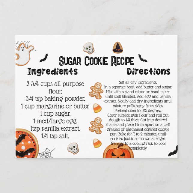 Halloween Recipe Cards, Halloween Cookies Postcard (Front)