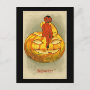 Halloween Red Devil Pumpkin Vintage Postcard