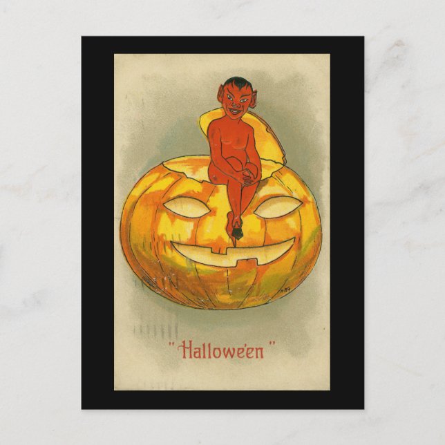 Halloween Red Devil Pumpkin Vintage Postcard (Front)