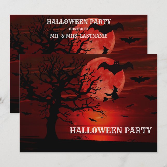 Halloween Red Full Moon Black Tree Witch Bat Scary Invitation (Front/Back)