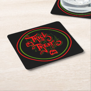 Halloween Red Green Trick or Treat Pumpkins Party Square Paper Coaster
