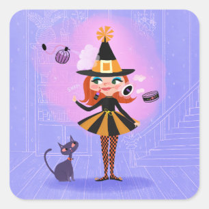Halloween Red Hair Witch Lavender & Pink Square Sticker