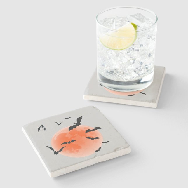 Halloween Red Moon And Black Bats Stone Coaster (Side)