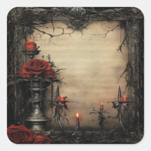Halloween red rose with candles square sticker