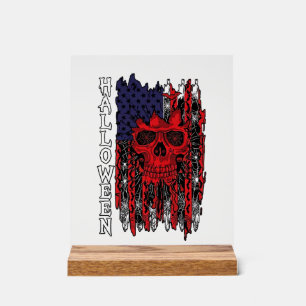 Halloween Red Skull American Flag Spider Webs Bats Acrylic Sign