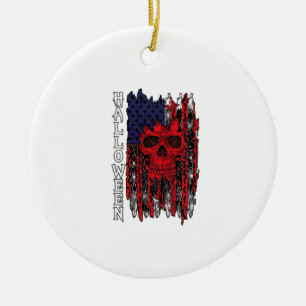 Halloween Red Skull American Flag Spider Webs Bats Ceramic Tree Decoration