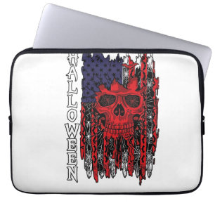 Halloween Red Skull American Flag Spider Webs Bats Laptop Sleeve