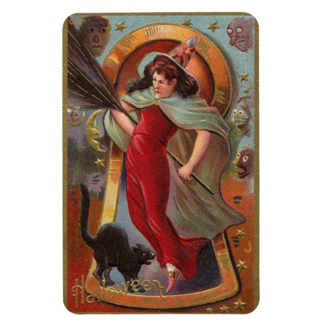 Halloween Red Witch & Black Cat Vintage Magnet (Vertical)