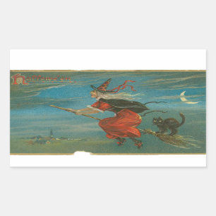 Halloween Red Witch on Broom Black Cat Vintage Rectangular Sticker