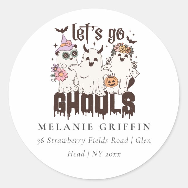 Halloween Retro Ghosts Let's Go Ghouls Address  Classic Round Sticker (Front)