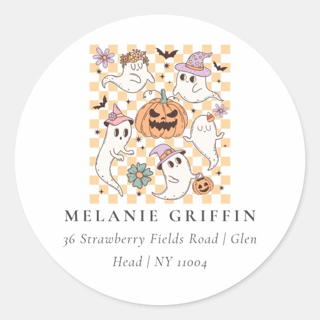 Halloween Retro Ghosts Pumpkins Address Classic Round Sticker (Front)