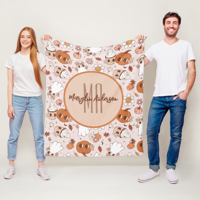 HALLOWEEN RETRO GROOVY PUMPKINS AND GHOSTS FLEECE BLANKET (In Situ)