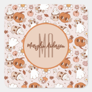 HALLOWEEN RETRO GROOVY PUMPKINS AND GHOSTS SQUARE STICKER