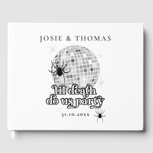 Halloween Retro Spiders & Disco Ball Wedding Guest Book (Front)