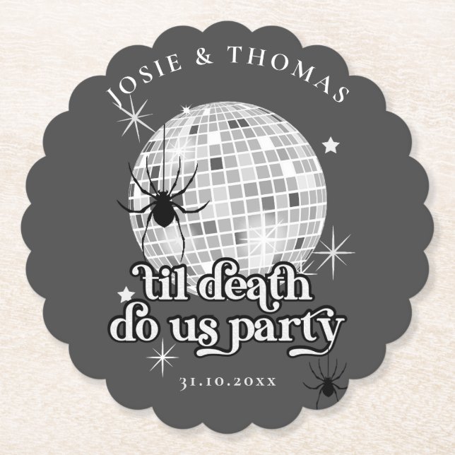 Halloween Retro Spiders & Disco Ball Wedding Paper Coaster (Front)