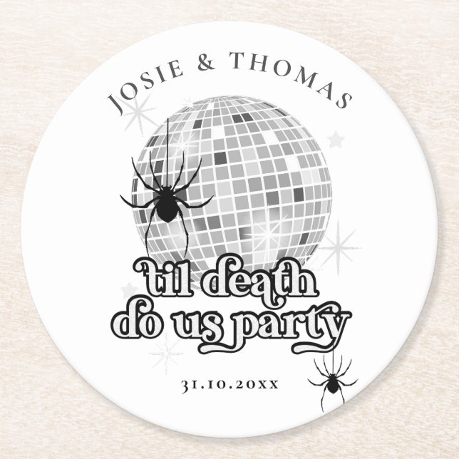 Halloween Retro Spiders & Disco Ball Wedding Round Paper Coaster (Front)