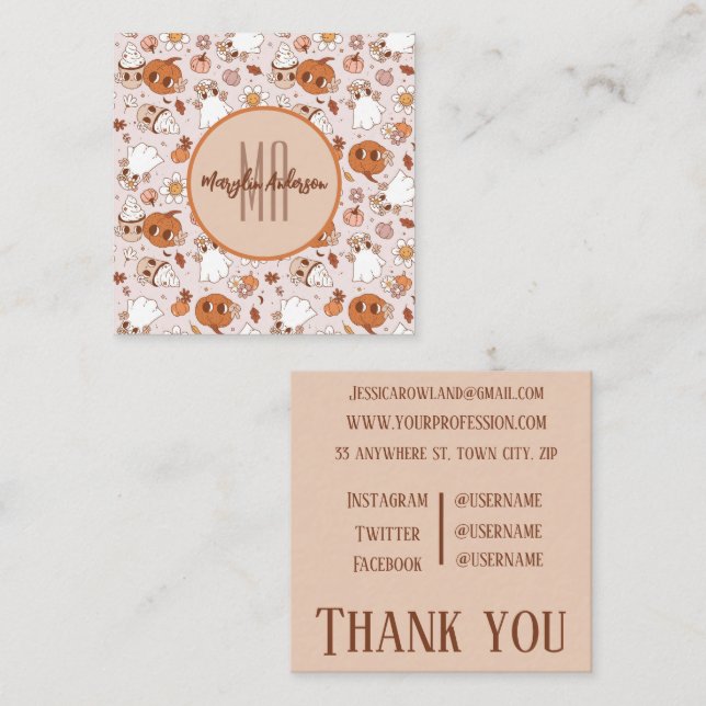 HALLOWEEN RETROGROOVY PUMPKINS AND GHOSTS SQUARE BUSINESS CARD (Front/Back)