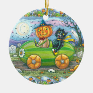 HALLOWEEN ROAD TRIP, JACK AND BLACK CAT FRIENDS CERAMIC TREE DECORATION