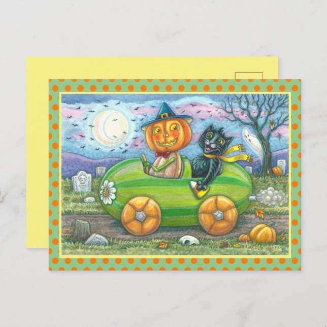 HALLOWEEN ROAD TRIP, JACK AND BLACK CAT FRIENDS HOLIDAY POSTCARD (Front/Back)