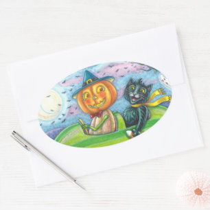 HALLOWEEN ROAD TRIP, JACK AND BLACK CAT FRIENDS OVAL STICKER