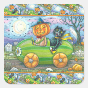 HALLOWEEN ROAD TRIP, JACK AND BLACK CAT FRIENDS SQUARE STICKER