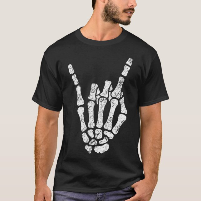 Halloween Rock Hand Sign Skeleton Rock N Roll Symb T-Shirt (Front)