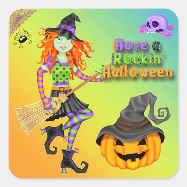 Halloween Rockin Witch Square Stickers (Front)