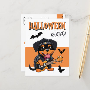 Halloween Rocks Rottweiler Cartoon Playing Guitar Postcard
