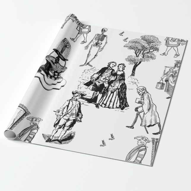 halloween rococo baroque skeleton toile skull wrapping paper (Unrolled)