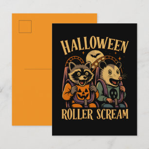 Halloween Roller Scream Racoon and Opossum Invitation Postcard