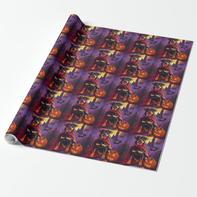 Halloween Rottweiler Vampire Pumpkins Scary Wrapping Paper (Unrolled)