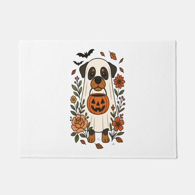 Halloween Rottweiler with Flowers Doormat (Front)