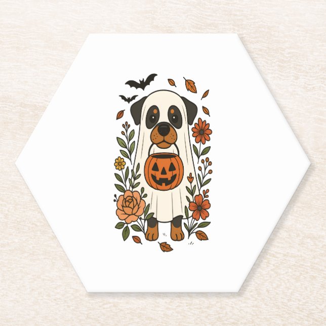 Halloween Rottweiler with Flowers Paper Coaster (Front)
