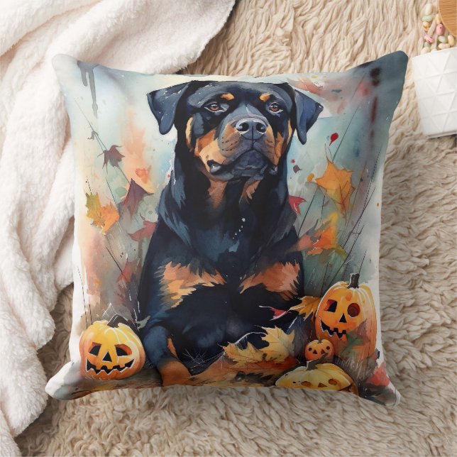 Halloween Rottweiler With Pumpkins Scary  Cushion (Blanket)
