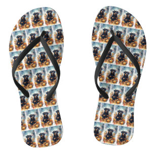 Halloween Rottweiler With Pumpkins Scary Flip Flops
