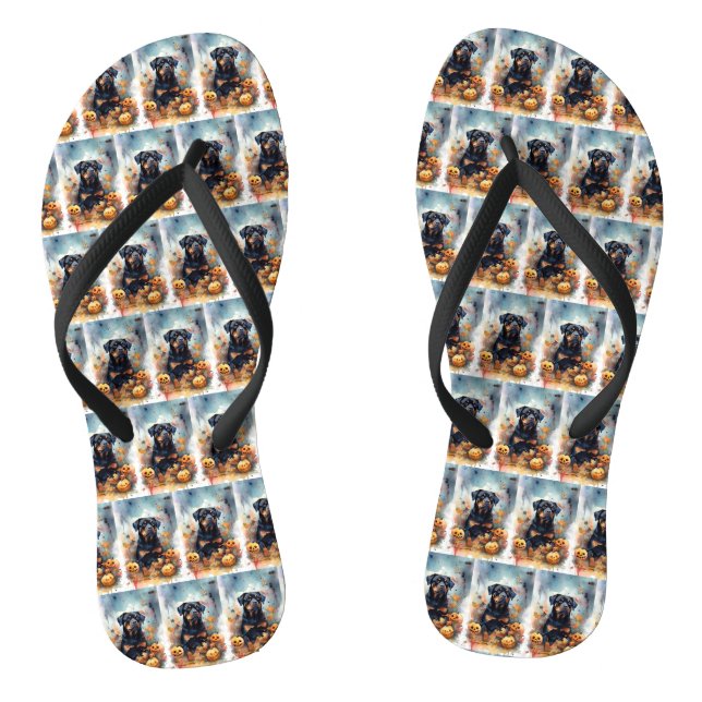 Halloween Rottweiler With Pumpkins Scary Flip Flops (Footbed)